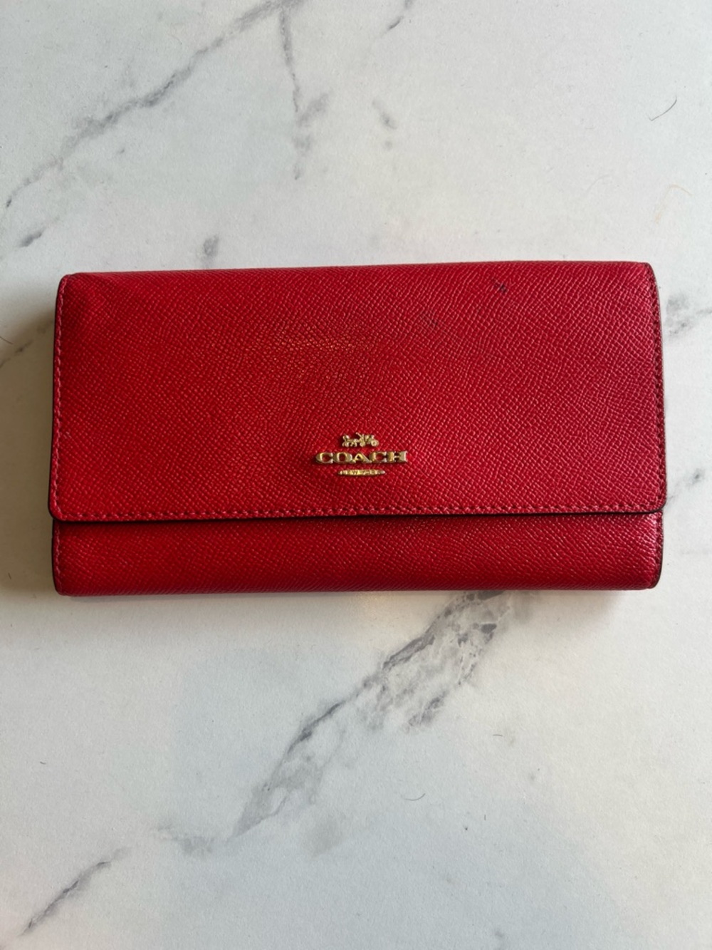 COACH Red Saffiano Leather Continental Wallet with Gold Logo